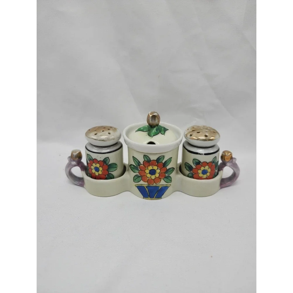 Vintage Takito Japan Lusterware Salt Pepper Mustard Set Art Deco Hand Painted
